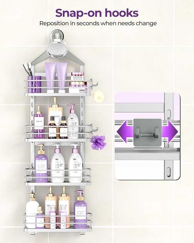 ODesign 4 Tier Height-Adjustable Shower Caddy Hanging Anti-Swing-Over The Shower Head Caddy- Storage Organizer Bathroom Shelves Basket Caddies-Silver
