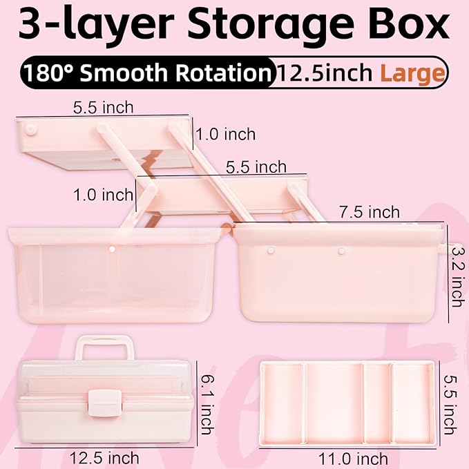 12.5in 3-Layer Multipurpose Craft Organizers and Storage with Adjustable Dividers, Portable Tackle Box, Folding Art & Craft Case for Medicine, Tool, Sewing Organizer (Pink)