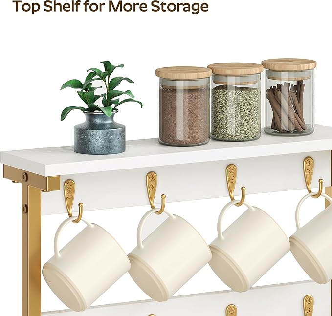 Coffee Mug Holder for Counter, 2 Tier Mug Tree Rack, with 8 Hook and 2 Open Shelves, Vintage Mug Holder Stand for Home Kitchen, White and Gold MH43DW-NeatNest