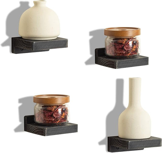 Freezing point Small Floating Shelf for Wall Set of 4 Natural Wood 4Inch Mini Wall Shelves Decor Plant Display Collectibles Mounted Kitchen Bathroom Bedroom Corner Decorative Storage Tiny Stand Black-NeatNest
