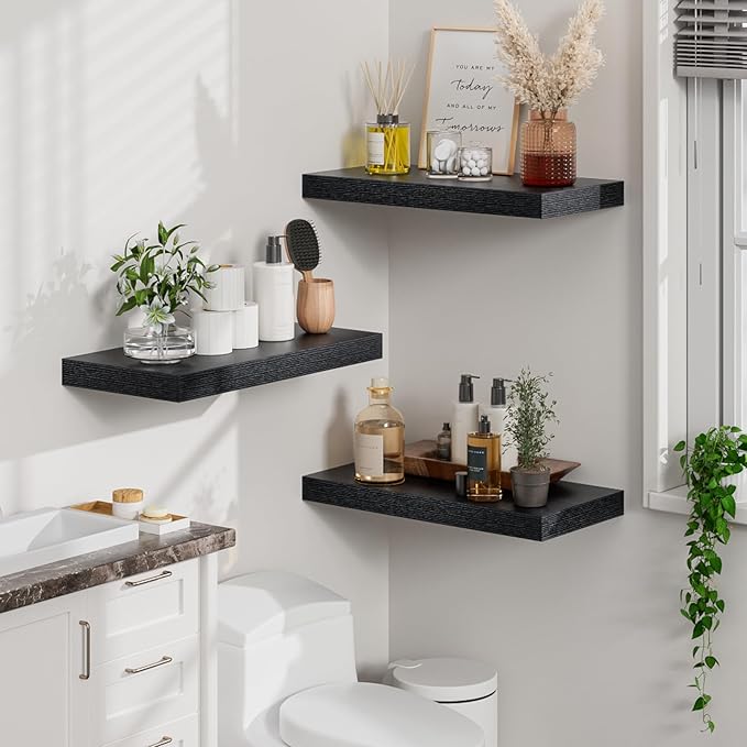 Heimlove 12" Deep Black Floating Shelves for Wall, 24 Inch Wall Shelf Bathroom Shelves Set of 2, Wall Mounted Shelves for Books Living Room Laundry Room Bedroom Kitchen Home Office-NeatNest