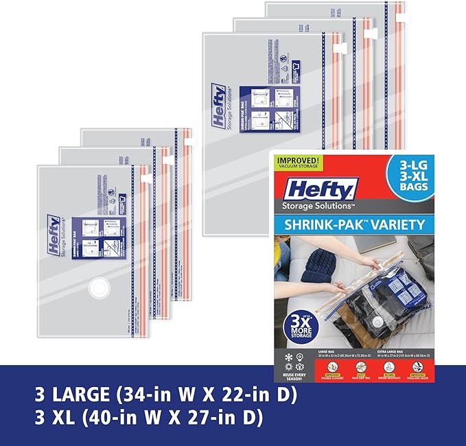 Hefty Shrink-Pak Vacuum Storage Bags - Space Saver for Under Bed Storage, Clothing and Comforters, Odor Resistant, 3X More Storage Space - 3 Large, 3 XL Bags-NeatNest