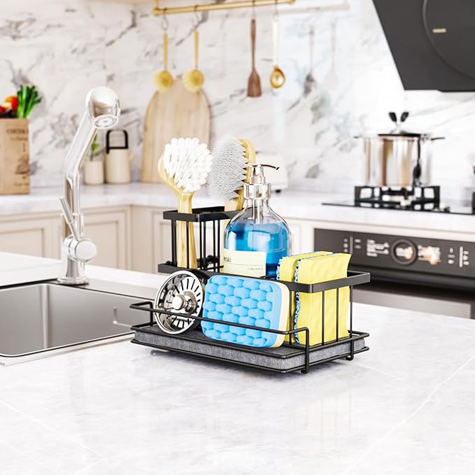 HapiRm Sink Caddy Sponge Holder - Kitchen Sink Organizer with Instant Drying Stone and Brush Holder, Stainless Steel Sponge Caddy for Kitchen Countertop - Black