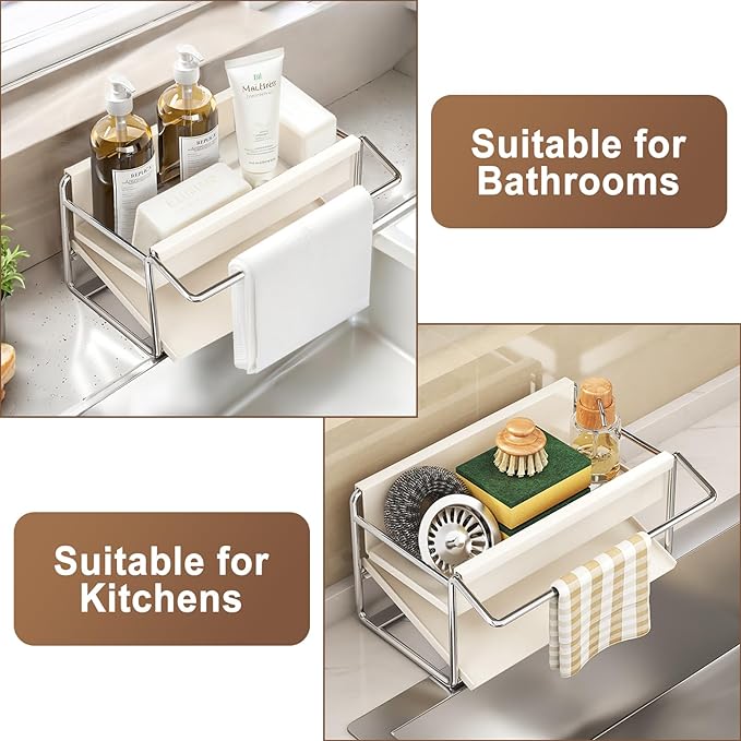 Kitchen Sink Sponge Rack, Self Draining Kitchen Sink Storage Rack, Rust-Proof Stainless Steel Dish Sponge Storage Rack (with Dish Cloth Rack), Bathroom Soap Dispenser Storage (White)-NeatNest