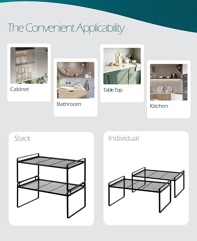 2Pack Kitchen Cabinet Shelf Counter Organizer Rack Pantry Storage Bathroom Bedroom Office Table Desk Space Saving Stackable Rust Resistant Non Slip Black Wide L16.1in W10.6in H7.3in-NeatNest