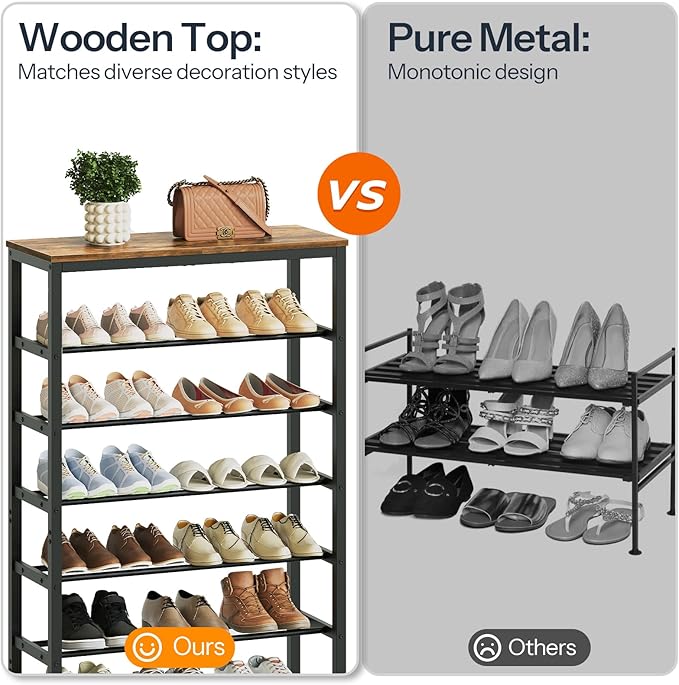 8 Tier Tall Shoe Rack, Large-Capacity Shoe Storage Organizer, Free Standing Shoe Shelf for Closet, Adjustable Metal Shoe Racks Organizer for 32 Pairs of Shoes, Rustic Brown and Black SS78BR-NeatNest