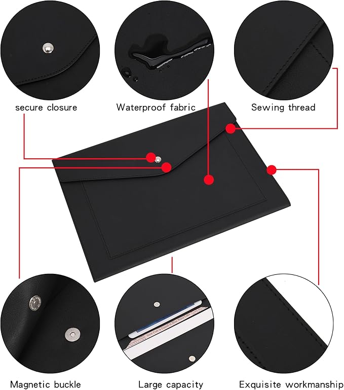 Wason A4 Document File PU Leather with Expanding Large Size Pockets Envelope Case Holder Paper Bills Stationery Tablet and PC, Perfect for Work Study Traveling (Black)