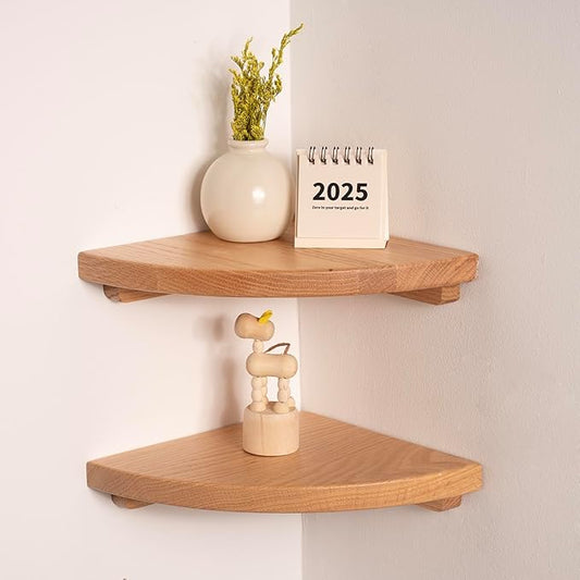 Floating Corner Shelves Oak 8", Solid Oak Wall Mounted Wooden Display Storage Rack with Wire Hole for Plants, Photos, Speakers, Bedroom, Kitchen, Living Room Décor - 2-Pack-NeatNest