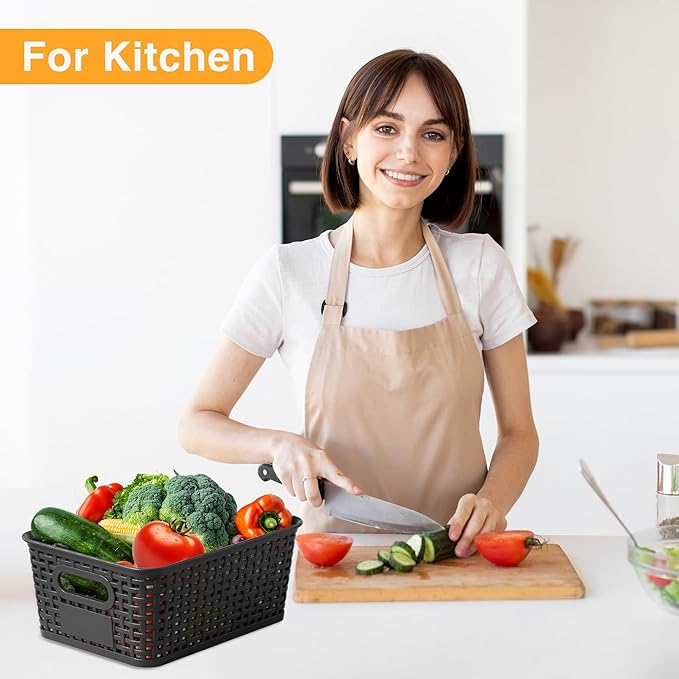 Black Plastic Storage Baskets - Pack of 8 with Labels Stackable Durable Storage Bins, Storage Containers for Organizing Desktops, Closets, Playrooms, Classrooms, Offices-NeatNest