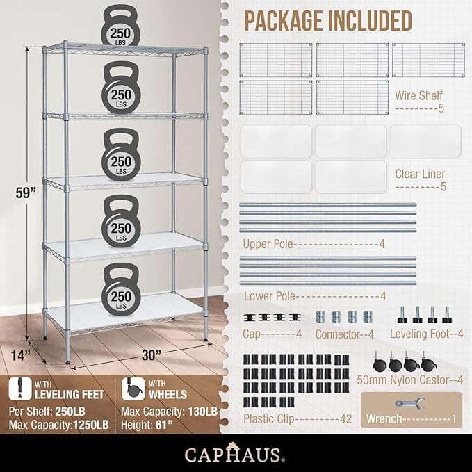 CAPHAUS NSF Adjustable Shelves Metal Wire Shelving Unit w/Liners, Kitchen Storage Shelving, Metal Steel Storage Shelving, Garage Shelving Storage Organizer, Utility Shelf, 5-Tier W/Wheels, Silver-NeatNest
