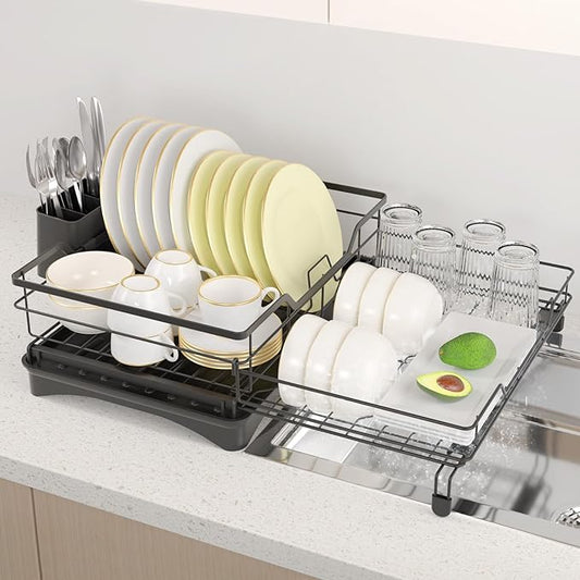 Expandable Dish Rack for Kitchen Counter:2 in 1 Large Dish Drying Rack with Cutlery Holder for Drying Plates Bowls Cups -Kitchen Drying Storage for Family of 3-4 Persons
