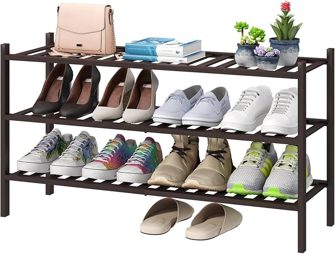 Long Shoe Rack, Bamboo Wood Shoe Rack for Closet, Entryway & Hallway, 3-Tier Stackable Shoe Shelf-NeatNest