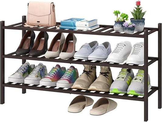 Long Shoe Rack, Bamboo Wood Shoe Rack for Closet, Entryway & Hallway, 3-Tier Stackable Shoe Shelf-NeatNest