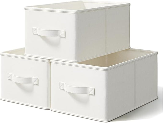 3 Pack Fabric Storage Bins for Shelves | 11.5x8.75x6.5in Storage Baskets | Fabric Closet Organizers and Storage Bins with Handles Home Organization| Linen Clothes Bins | White & Ivory-NeatNest