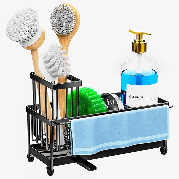 Cisily Sponge Holder for Kitchen Sink with Towel Rack, Sink Caddy with Kitchen High Brush Holder, Organzier Rustproof 304 Stainless Steel Dish Organizer Divider, Soap Dispenser Storage-NeatNest