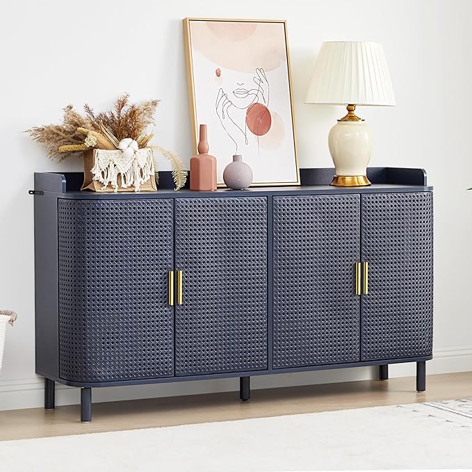 4 Doors Storage Cabinet, 2 Tier Wooden Storage Organizer Cabinet with Adjustable Shelf, Sideboard Buffet Cabinets with Iron Curved Doors Accent Shoe Rack for Entryway Hallway Living Room (Blue)-NeatNest