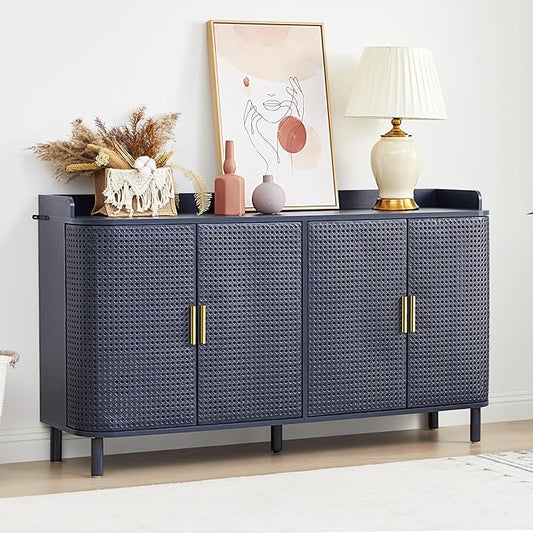 4 Doors Storage Cabinet, 2 Tier Wooden Storage Organizer Cabinet with Adjustable Shelf, Sideboard Buffet Cabinets with Iron Curved Doors Accent Shoe Rack for Entryway Hallway Living Room (Blue)-NeatNest