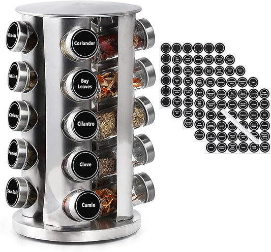 DOUBLE 2 C Revolving Spice Rack with 20 Jars, Rotating Spice Rack Organizer, Seasoning Organizer with Labels, Stainless Steel Spice Carousel for Kitchen Countertop, Cabinet-NeatNest