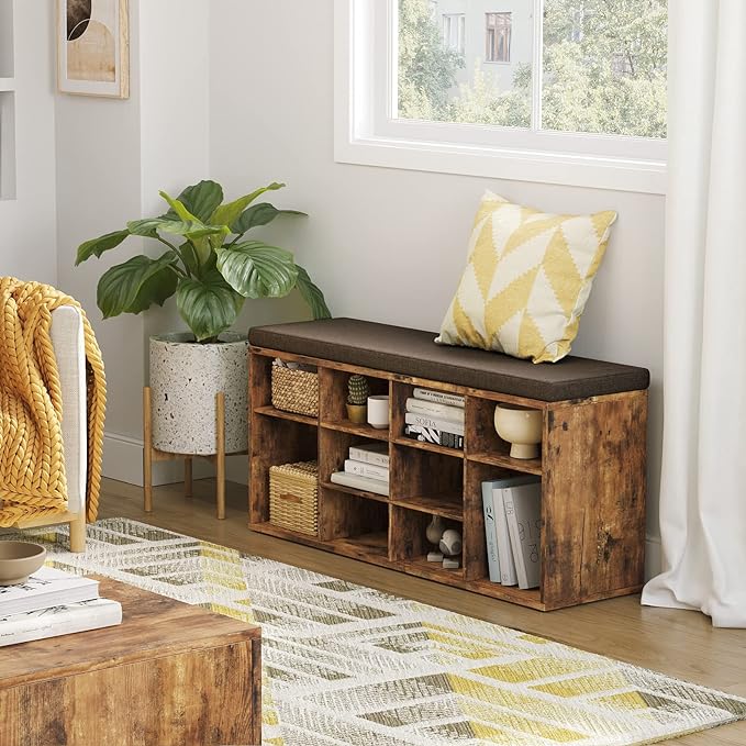 DINZI LVJ Shoe Storage Bench with Cushion, Cubby Shoe Rack with 12 Cubbies, Adjustable Shelves, Multifunctional Shoe Organizer Bench for Entryway, Mudroom, Hallway, Closet and Garage, Rustic Brown-NeatNest
