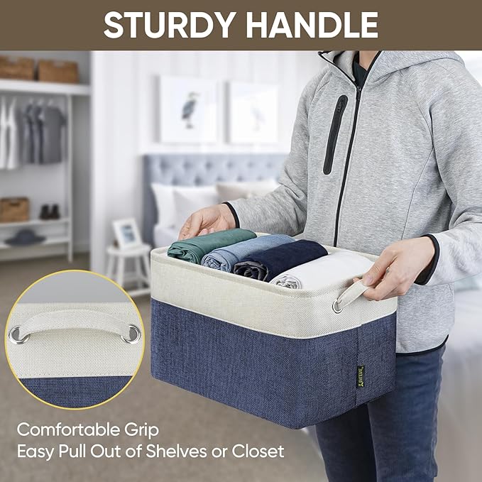 BALEINE 2 Pack Fabric Storage Bins for Shelves, Linen Storage Baskets for Organizing, Decorative Closet Bins for Clothes, Home (Navy Blue, 15"x11"x9.5") ﻿-NeatNest