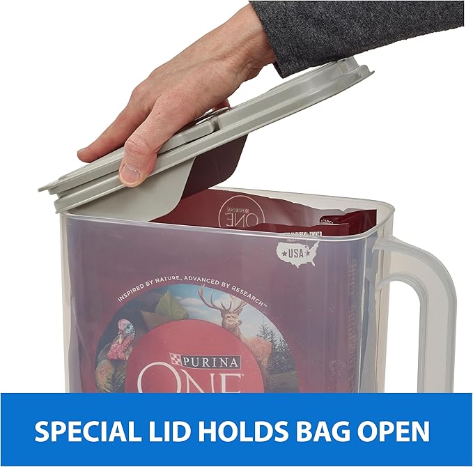 Buddeez Pet Food Storage Container - 8 Quart Capacity Dog / Cat Food & Bird Seed Container with Durable EZ Grip Handle, Flip Gray Lid (includes 1 Cup Clear Scoop)-NeatNest