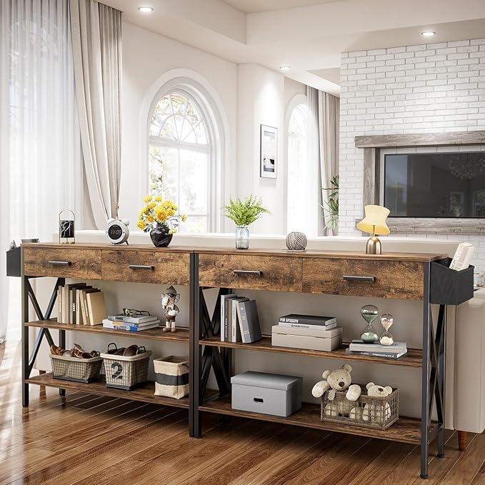 Gizoon 39" Entryway Table with 2 Drawers and 3 Tier Storage Shelves, Industrial Narrow Long Sofa Table, Farmhouse Style Console Table for Living Room, Hallway, Couch, Small Spaces - Rustic Brown-NeatNest