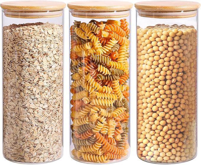 ComSaf 1.7 Qt Glass Storage Containers with Lids, Glass Jars with Lids, Clear Food Storage Jar, Round Canister Set of 3, Pantry Organizers for Pasta Flour Cookie Rice Tea Coffee Bean-NeatNest