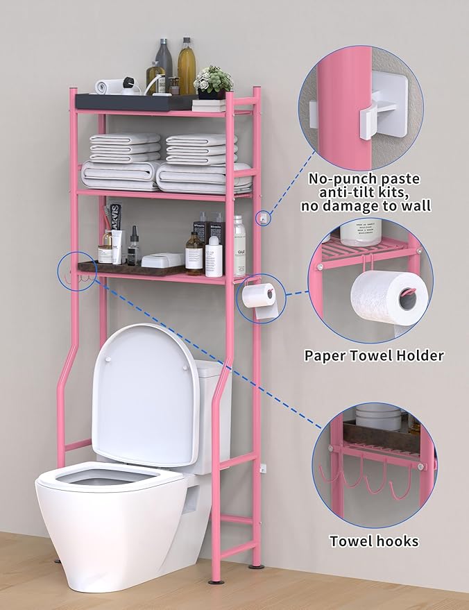 3-Tier Over The Toilet Storage, Freestanding Metal Bathroom Shelves with 4 Hooks, Over Toilet Storage Shelf with Paper Holder, Above The Toilet Shelf for Bathroom Storage, Pink-NeatNest