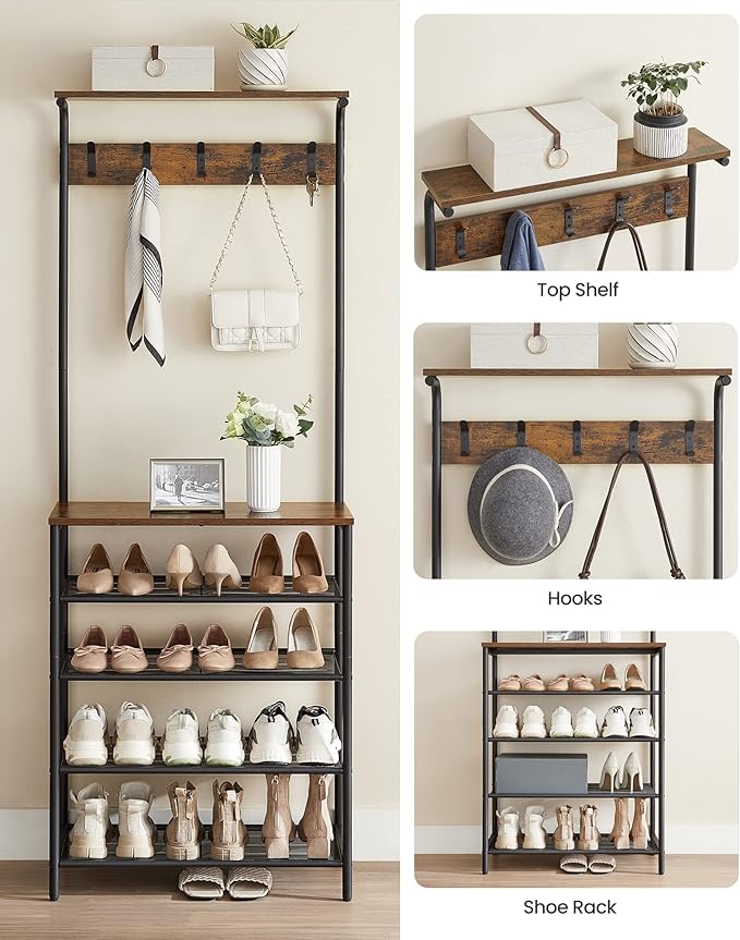 VASAGLE Hall Tree with Shoe Bench, Coat Rack Shoe Bench, 5-Tier Shoe Rack Different Heights, 5 Dual Hooks, Top Shelf, Entryway Organizer, Hallway Bedroom Dorm, Rustic Brown and Black UHSR412B01-NeatNest