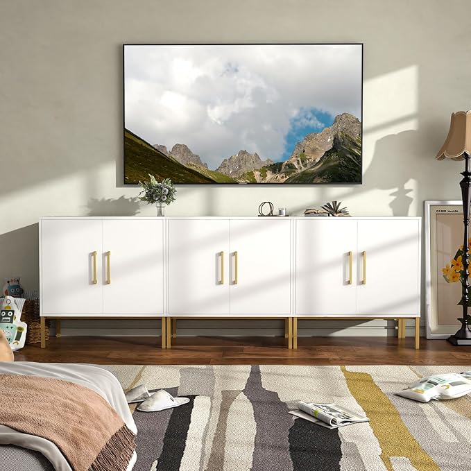 JOZZBY Buffet Sideboard Cabinet with Storage, Modern Wooden Cabinet with Adjustable Shelves, White and Gold Cabinets for Living Room, Kitchen, Hallway, Set of 3