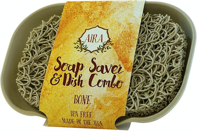 Aira Soap Saver - Soap Dish & Holder Accessory - USA Made, BPA Free - Drains Water, Circulates Air - Extends Soap Life - Fits All Dish Sets - Bone Dish Combo-NeatNest
