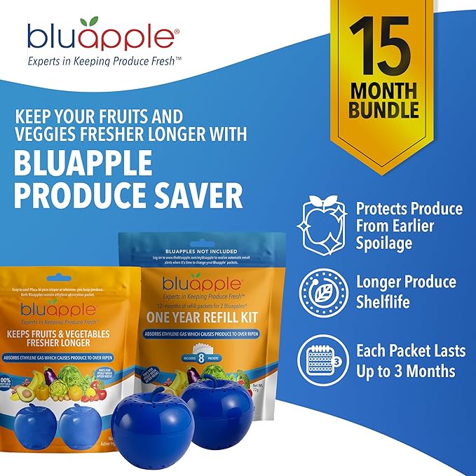 Bluapple Ethylene Gas Absorber Classic Produce Saver 15-Month Bundle - Vegetable & Fruit Fresh Produce Storage Protector, Food Freshness Extender, Fresh Fruit & Vegetable Saver, USA-Made BPA-Free-NeatNest