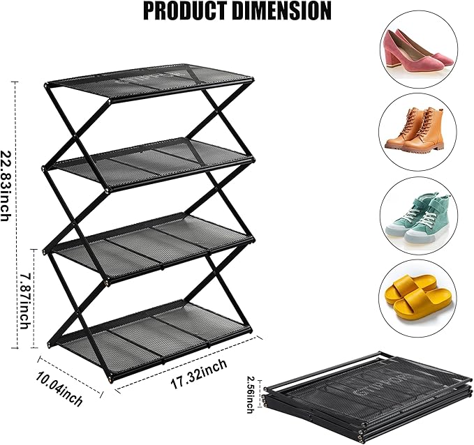 Shoe Rack for Entryway 4 Tier Foldable Shoe Rack Without Assembly Collapsible Metal Shoe Organizer Folding Shoe Storage Rack for Door, Living Room, Black-NeatNest