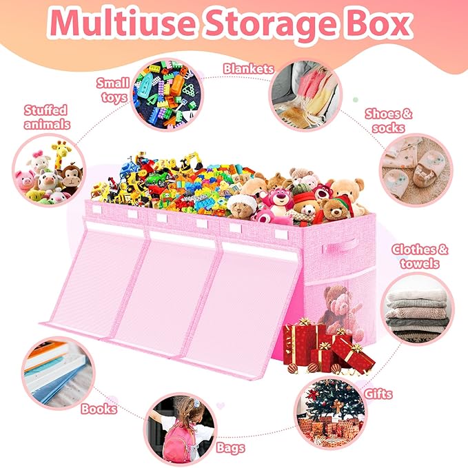 Extra Large Toy Storage Box with Lid Divider, Sturdy Collapsible Toys Organizer Chest Kids Storage Bins Boxes Baskets for Boys, Girls, Nursery, Bedroom, Living Room, Playroom, 40"x14"x16", Pink