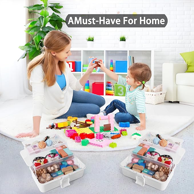 11(in) Versatile Three-Layer Folding Organizer Box,Ideal for Art & Crafts,Toys,Sewing Supplies,Jewelry and Tools,Storage with Dual Trays,Elegant White