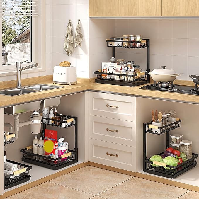 2 Packs Under Sink Organizer, High Adjustable 2 Tier Under Kitchen sink organizer, Multi-Purpose Storage Shelf for Kitchen Bathroom Cabinet, Black (Black)-NeatNest