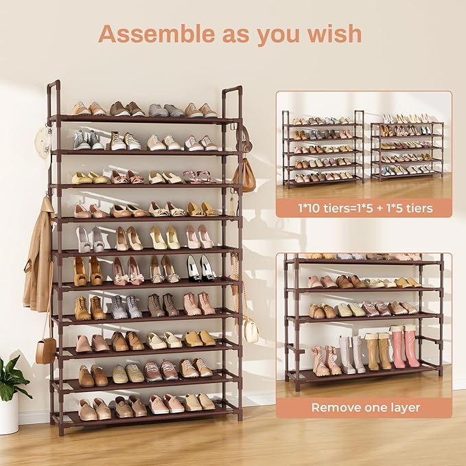 Tall Shoe Rack 10 Tier Shoe Organizer Large Shoe Shelf with 18 Hooks Storage for 50 Pair Sneaker and Boot, Stackable Vertical Shoe Rack Organizer for Closet, Entryway, Bedroom, Brown-NeatNest