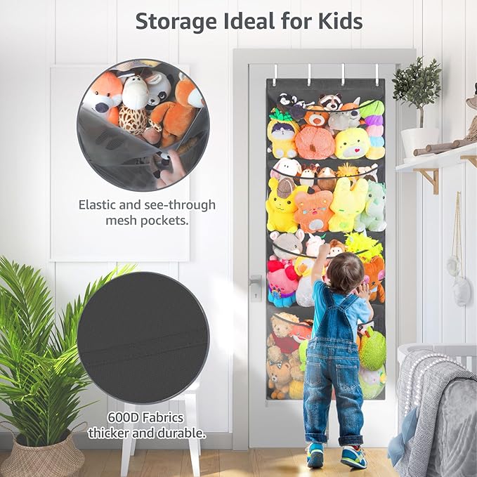 Hanging Stuffed Animal Storage, Over Door Large Plush Toy Organizer with Metal Hook, Baby Accessory Holder Idea for Nursery, Doll & Bear Mesh Hammock Bag for Girl Boy Kid Room-NeatNest