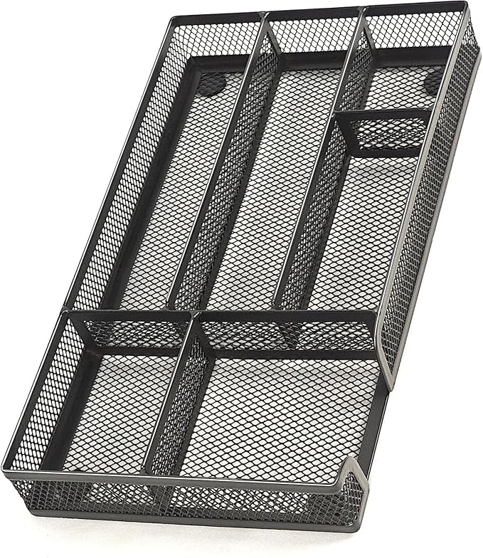 Desk Drawer Organizer Tray, Metal Mesh Drawer Office Drawer Organizer w/6 Compartment, Small Desk Organizer Tray for Home Office School Supplies, Desktop, 11X 6 X 1.45in, Black-NeatNest
