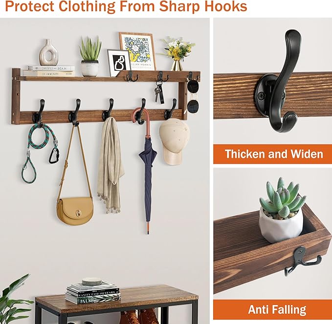 29'' Coat Rack Wall Mount with Shelf, Coat Hanger Wall Mount with Key Hooks and Mail Holder, Wood Entryway Floating Shelf with Hooks and Storage, Hat Rack for Wall Key Holder Mail Organizer