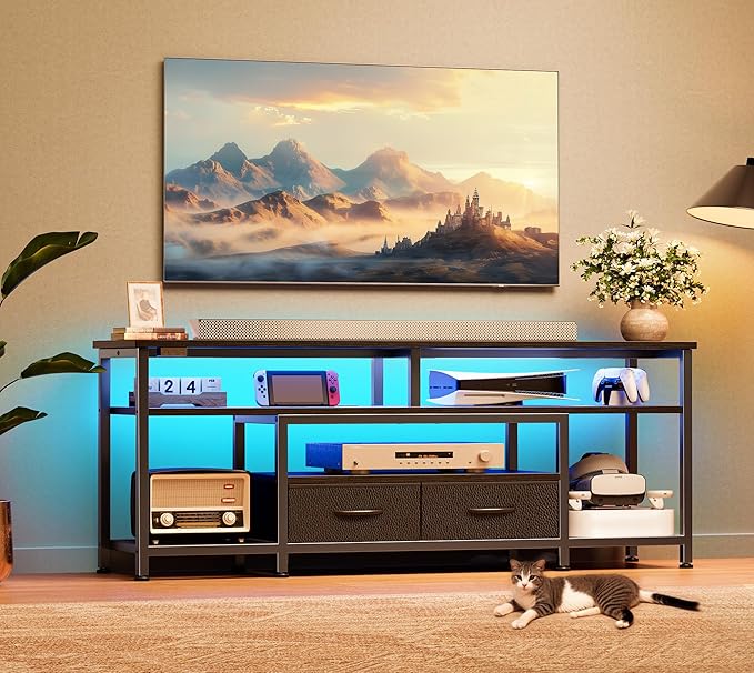 Huuger TV Stand for 55 60 Inch TV, Entertainment Center with Power Outlets and LED Lights, 54 Inch TV Console for Living Room, Media Console with Drawers and Shelves, Black-NeatNest