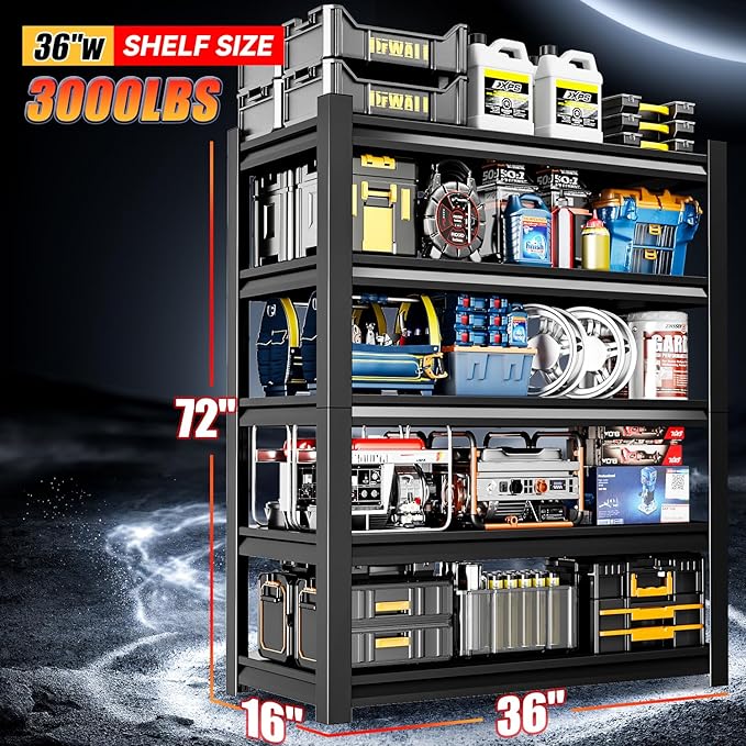 36" W Garage Shelving,5-Tier Heavy Duty Shelving Unit,3000LBS Adjustable Metal Storage Shelves,Storage Rack Units for Industrie,Shed,Warehouse,Basement,Black,36" W x 16" D x 72" H-NeatNest