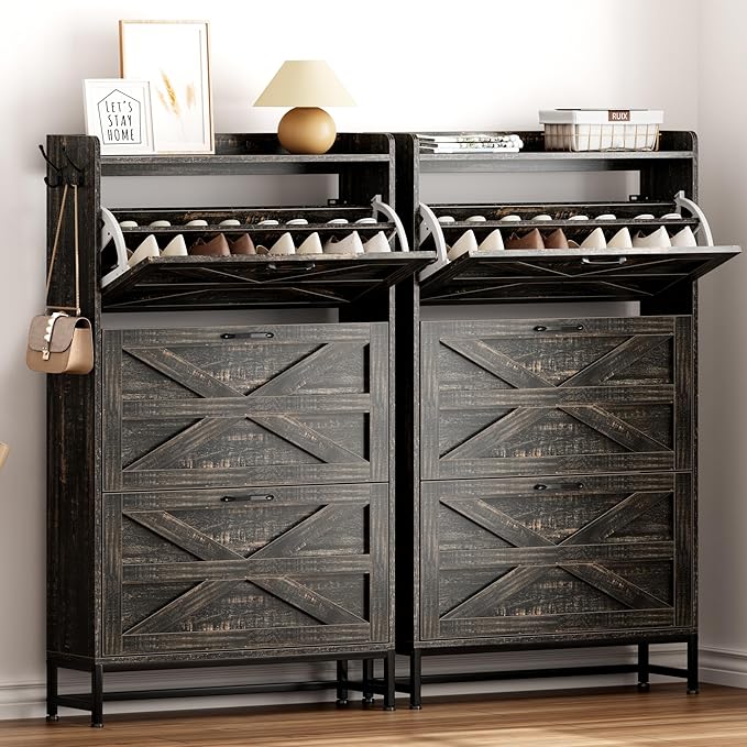 Vibe & Dine Farmhouse Shoe Storage Cabinet - Freestanding Narrow Shoe Rack with Metal Legs, Dark Rustic Oak-NeatNest