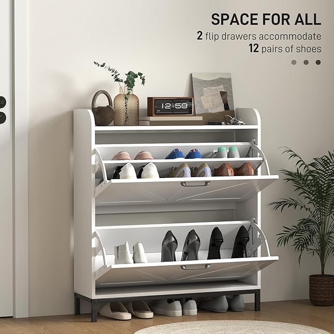 HOMCOM Shoe Storage Cabinet with 2 Flip Drawers, Legs, Farmhouse Freestanding Narrow Shoe Cabinet, Slim Hidden Rack Organizer for Entryway, Hallway, White Wood Grain-NeatNest