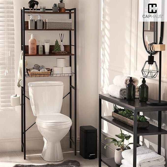 CAPHAUS Over The Toilet Storage, 4-Tier Bathroom Organizer, Freestanding Toilet Shelf, Multifunctional Space Saver Toilet Rack with 4 Hooks, Laundry Organizer, Plant Stand for Balcony (Rustic Oak)-NeatNest