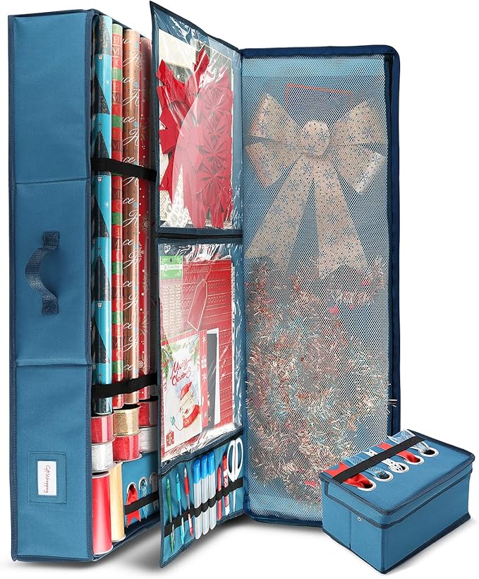 Hearth & Harbor Wrapping Paper Storage Container - Christmas Storage Bag with Ribbon Dispenser and Interior Pockets - Gift Wrap Organizer Fits Up to 26 Rolls of 40" Length, Blue-NeatNest