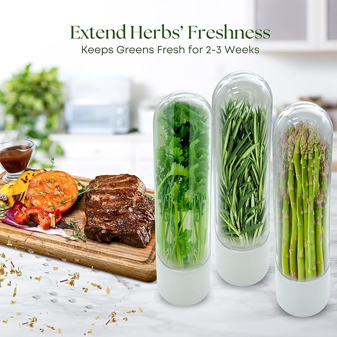 Herb Keeper for Refrigerator Set of 3 – Compact Herb Saver with Built-in Ventilation, and Water Reservoir – Keeps Herbs Fresh Longer in Fridge or Countertop