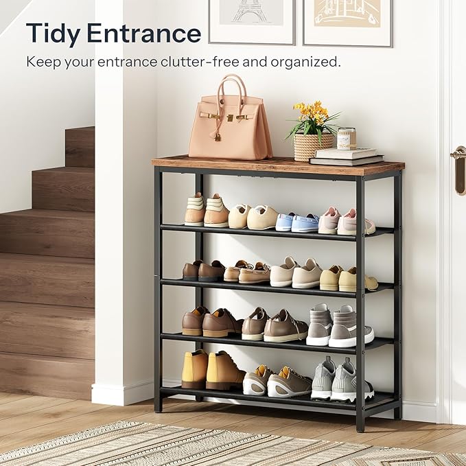 HOOBRO Shoe Rack with 4 PU Shelves, 5-Tier Shoe Storage Organizer for Closet and Entryway, Holds 12-16 Pairs of Shoes, Sturdy Metal Frame, Small Spaces, Rustic Brown and Black BF95XJ01-NeatNest