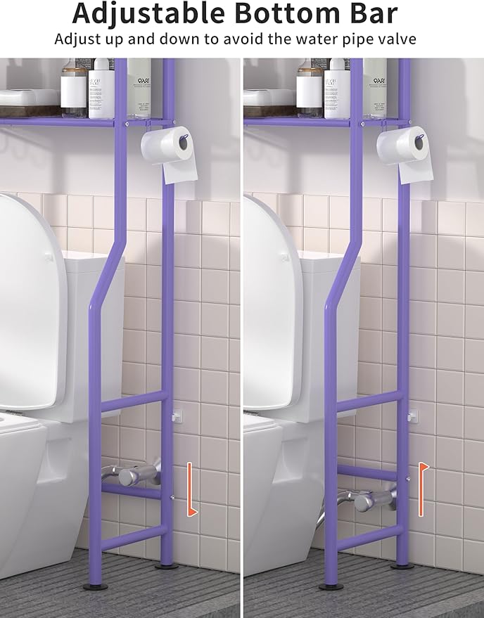 3-Tier Over The Toilet Storage, Freestanding Metal Bathroom Shelves with 4 Hooks, Over Toilet Storage Shelf with Paper Holder, Above The Toilet Shelf for Bathroom Storage, Purple-NeatNest