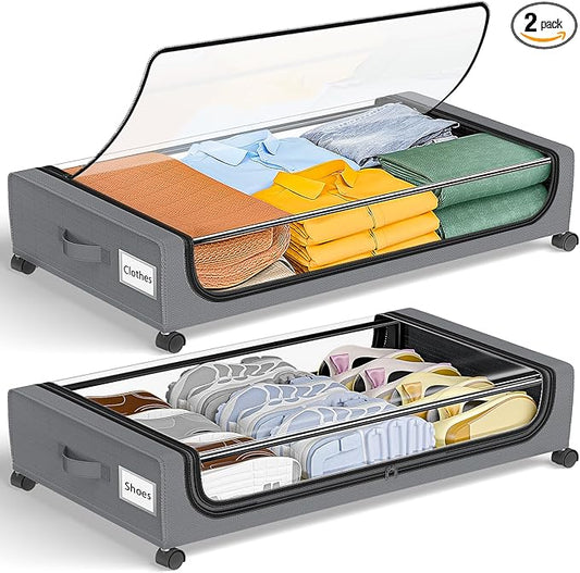 GoMaihe Under Bed Storage with Wheels: XXL Underbed Storage Containers with Lids - Rolling Bins for Shoes Clothes in Dorm Bedroom - Metal Drawers Easy Pull-out Grey 2-Pack-NeatNest